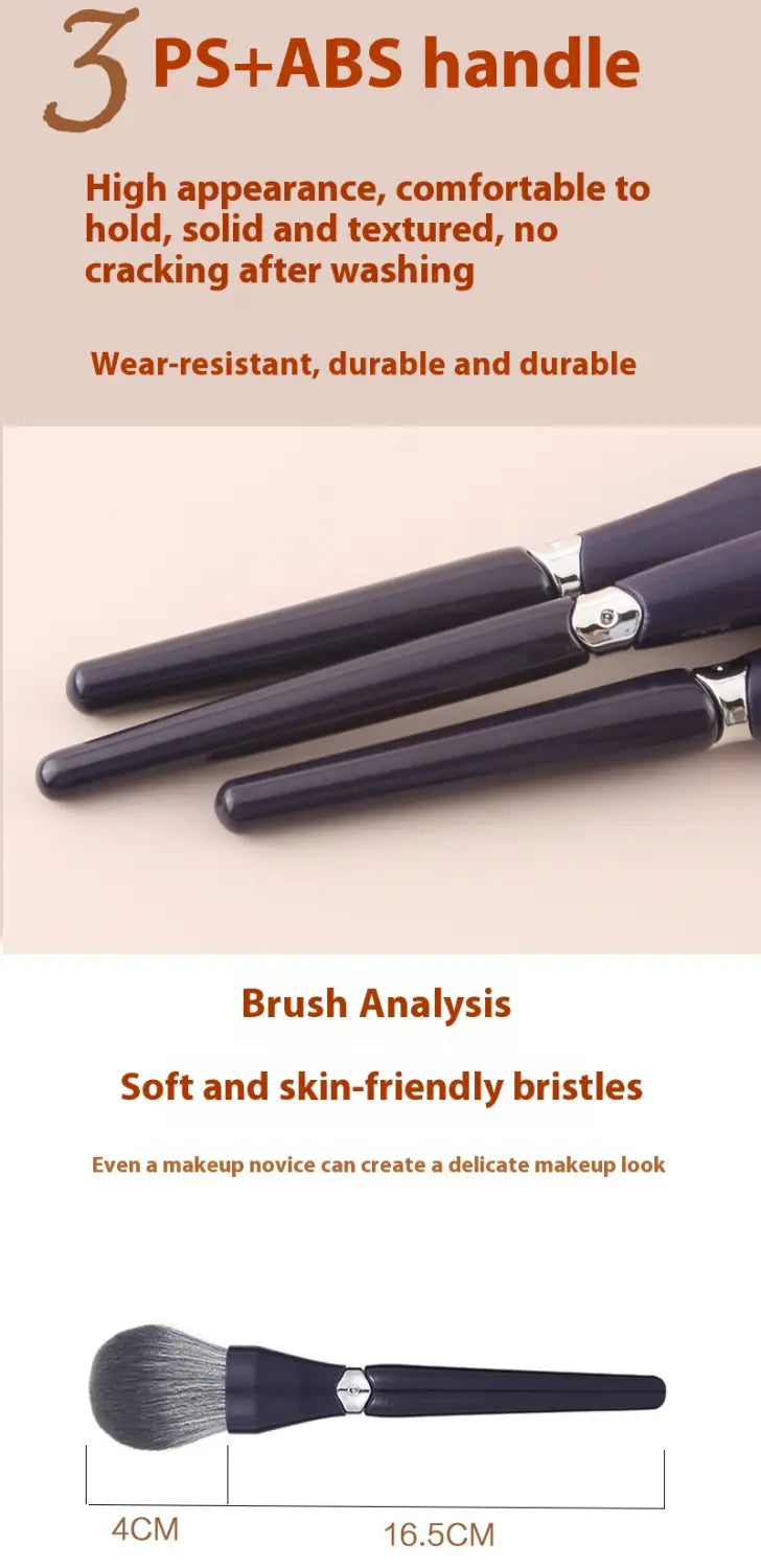 Set of three makeup brushes with sleek black PS and ABS handles and soft skin-friendly bristles for face powder application.