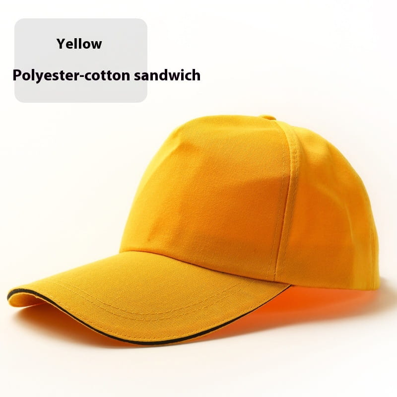 Chapeau de soleil unisexe couleur jaune, casquette de baseball, fabriqué en mélange coton polyester, avec une bordure noire le long du bord.