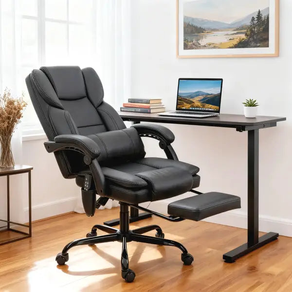 Black leather massage office chair with adjustable features high back and footrest for ergonomic comfort.