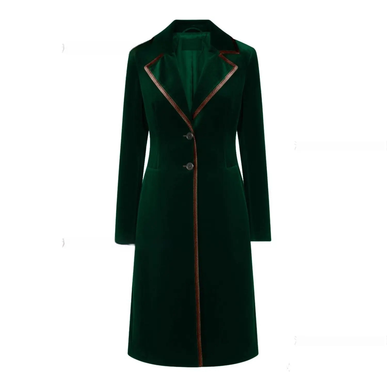 Manteau en velours vert émeraude profond pour femmes, avec une bordure en cuir marron contrastante le long du col et de la patte de boutonnage.