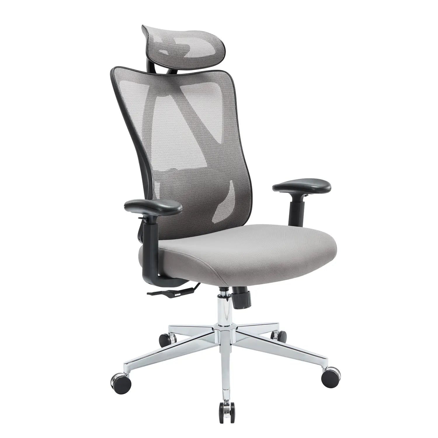 Ergonomic mesh office chair with adjustable headrest featuring gray mesh material, black armrests, and a chrome base.