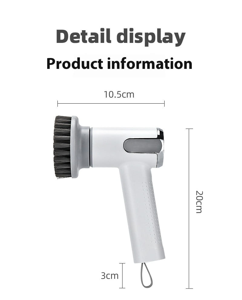 white handheld electric cleaning brush with black bristles and textured grip featuring a sleek modern design for wireless smart scrubbing tasks