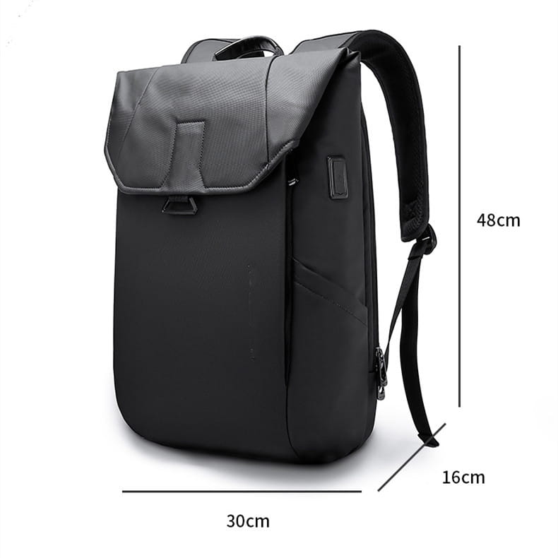 black nylon laptop backpack with usb charging port and minimalist design featuring a subtle texture on the flap for school use