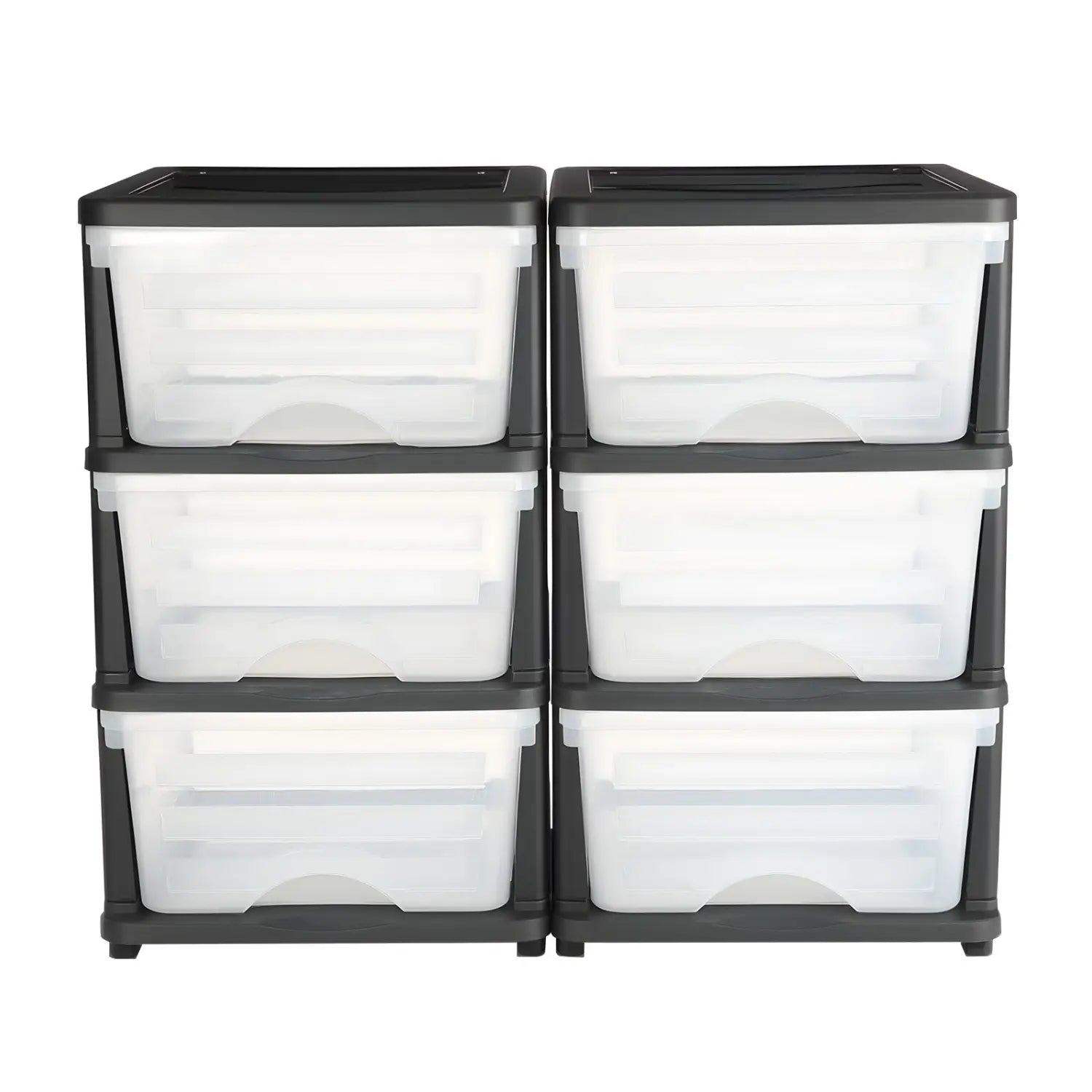 plastic storage drawers 2 pack featuring 6 black and transparent stackable plastic drawers for organized storage.