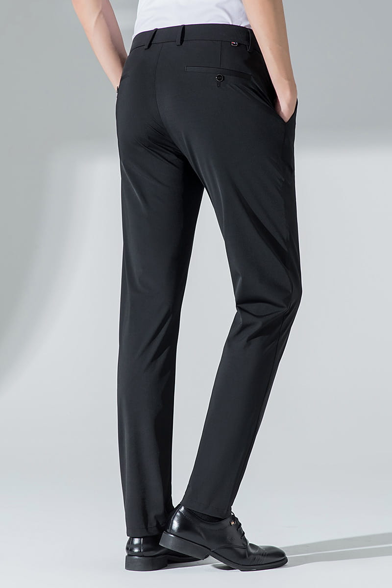 Men plus size stretch casual pants in black slim fit with a sleek modern design and subtle stitching details.