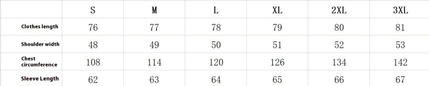 Size chart for a women’s top displaying measurements in centimeters across sizes s through 3xl for a men’s relaxed fit cotton linen long sleeve shirt.