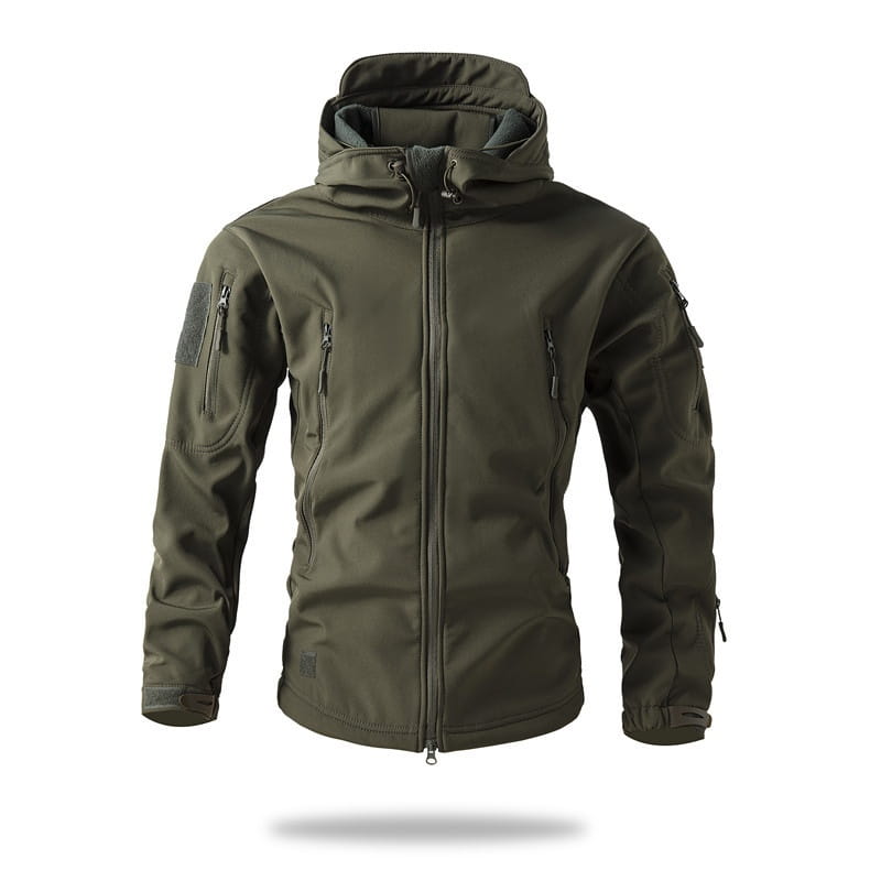 Men’s olive green waterproof tactical fleece soft shell jacket with hood zippered pockets and reinforced seams.