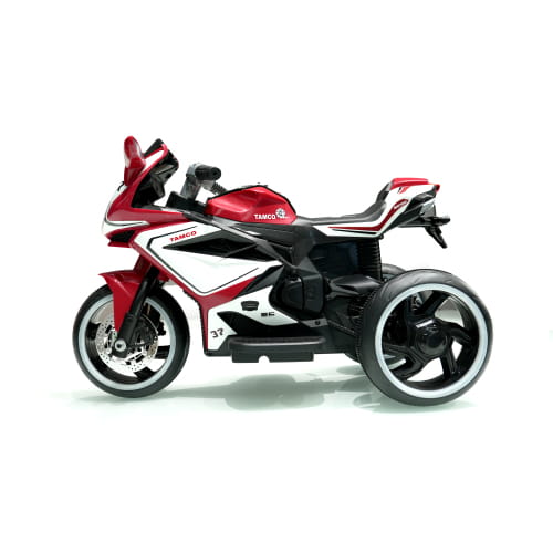 Red and white 6v kids electric ride on motorcycle with three wheels and black accents designed for children