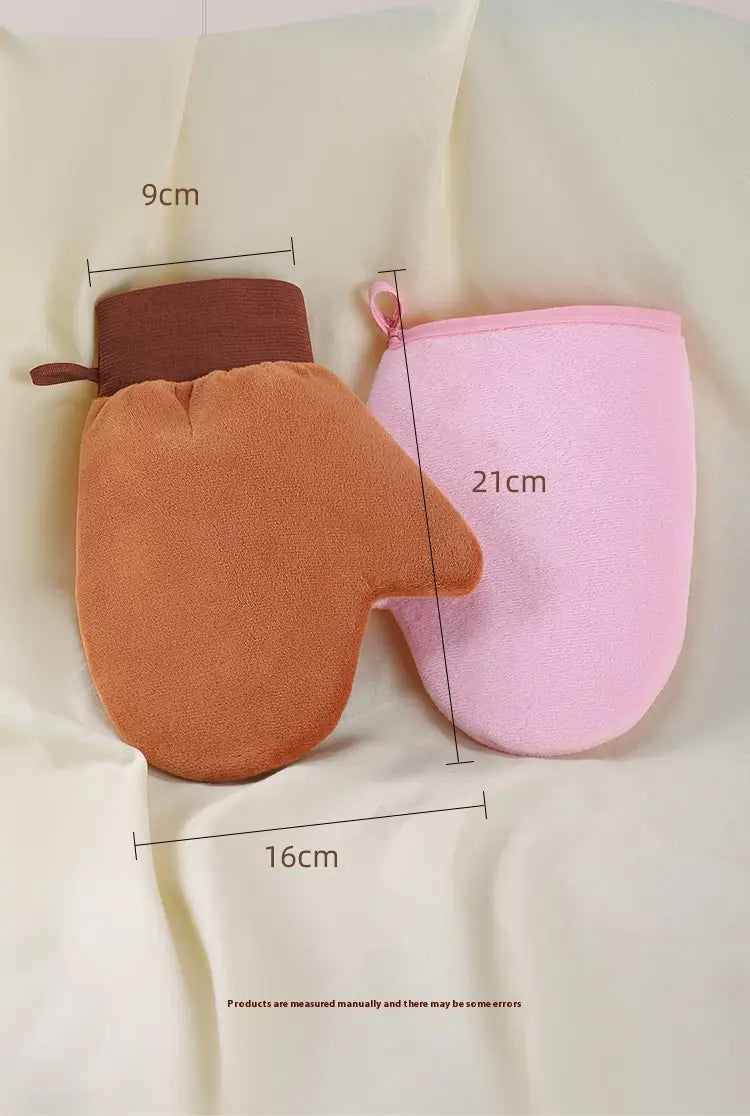 tan and pink tanning mitt and exfoliating bath glove set featuring soft plush fabric and elasticated wristbands for enhanced grip and comfort.
