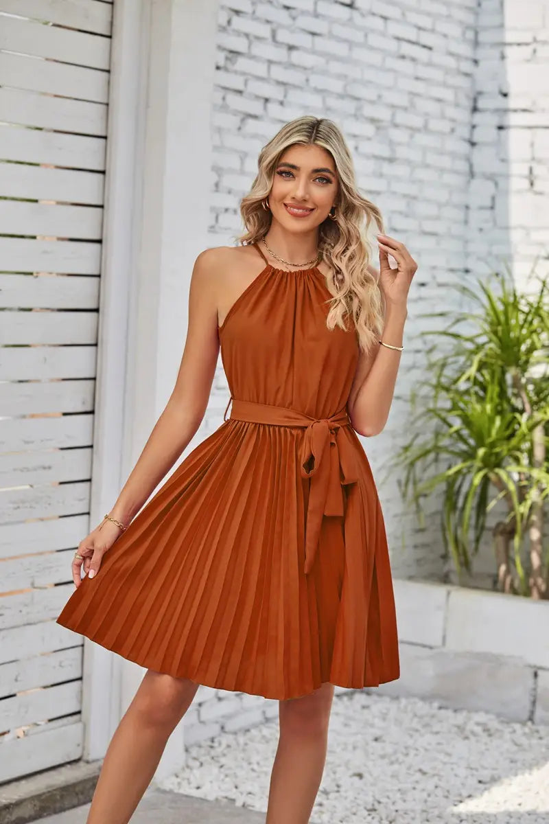 A rust-colored sleeveless halter neck pleated chiffon mini dress with a matching belt tied at the waist.