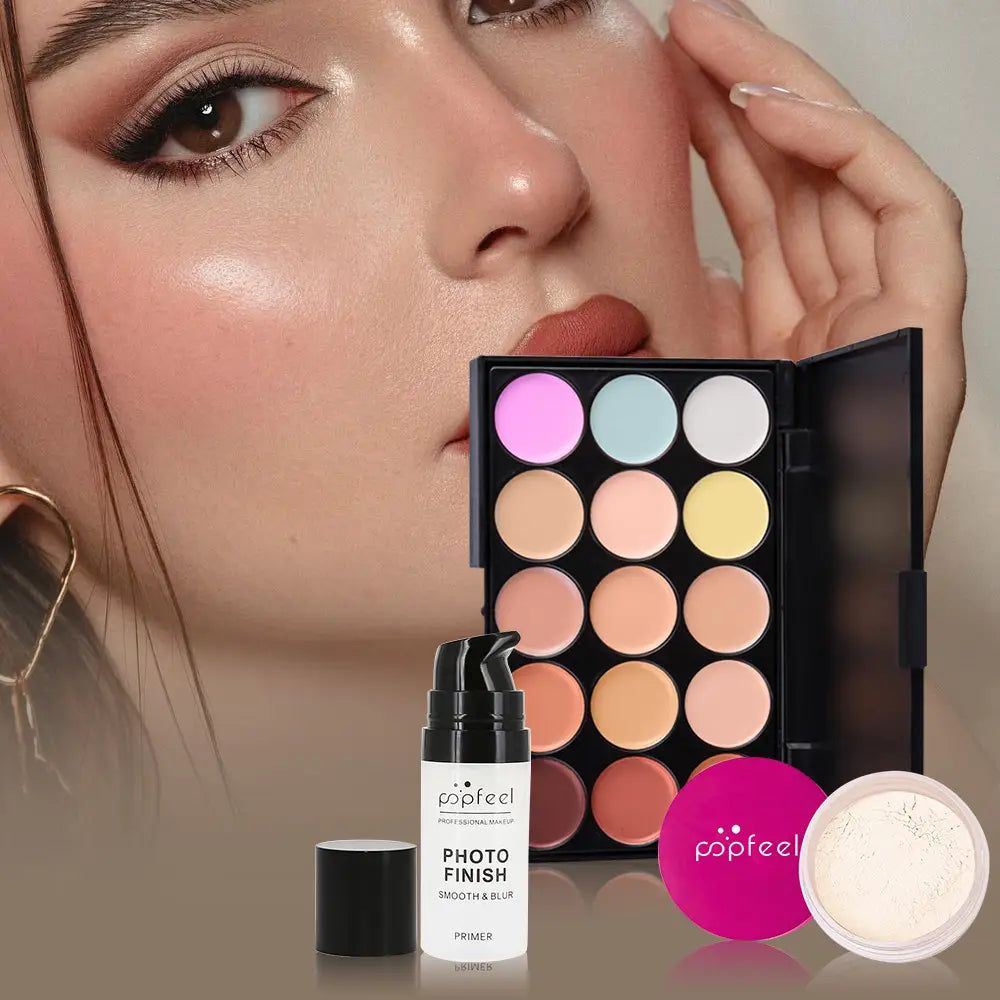 Black compact makeup palette with 16 circular pastel and neutral shades and white photo finish primer pump bottle from Popfeel festive red gift kit 27 pcs.