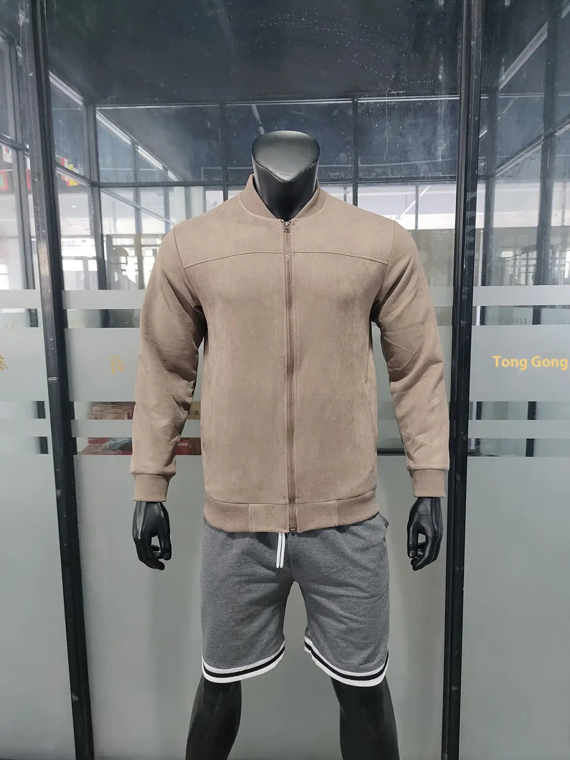 Beige suede men casual retro bomber jacket with a full-length zipper and ribbed cuffs.