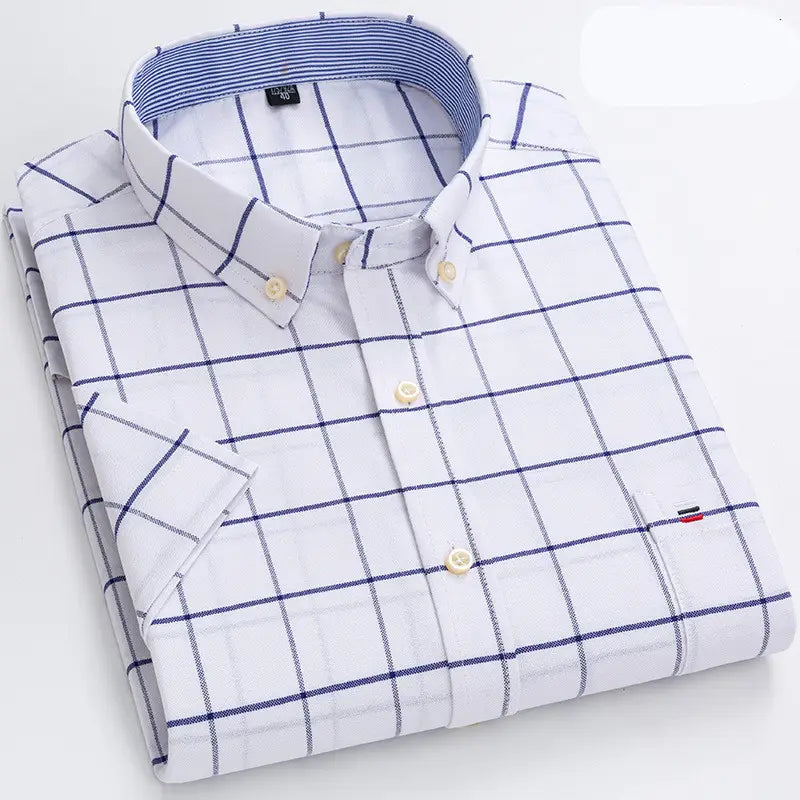 Men’s premium 100% cotton textured short sleeve shirt in white and navy blue checkered pattern with a collar lined in matching striped fabric.