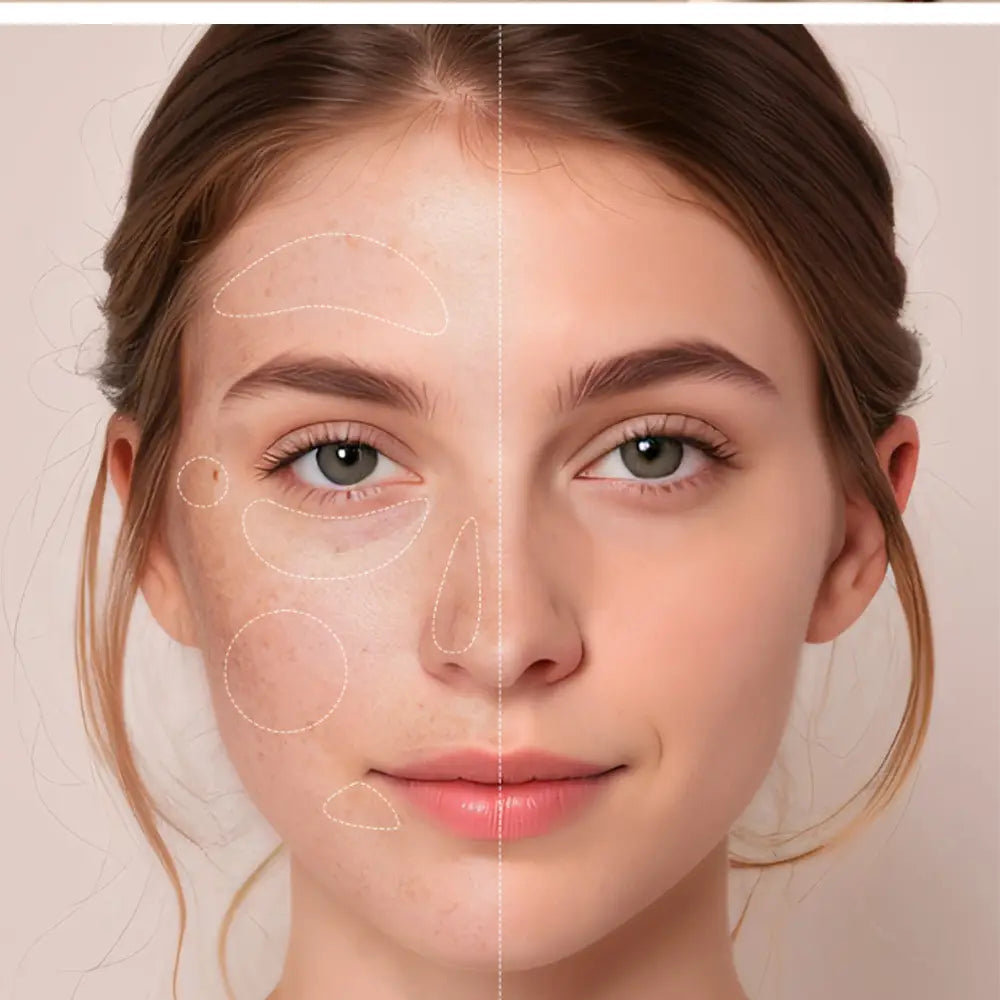 The image shows a split-face comparison with skin imperfections outlined on the left and smooth even-toned skin on the right, demonstrating the effectiveness of julystar traceless pro liquid makeup tattoo concealer.