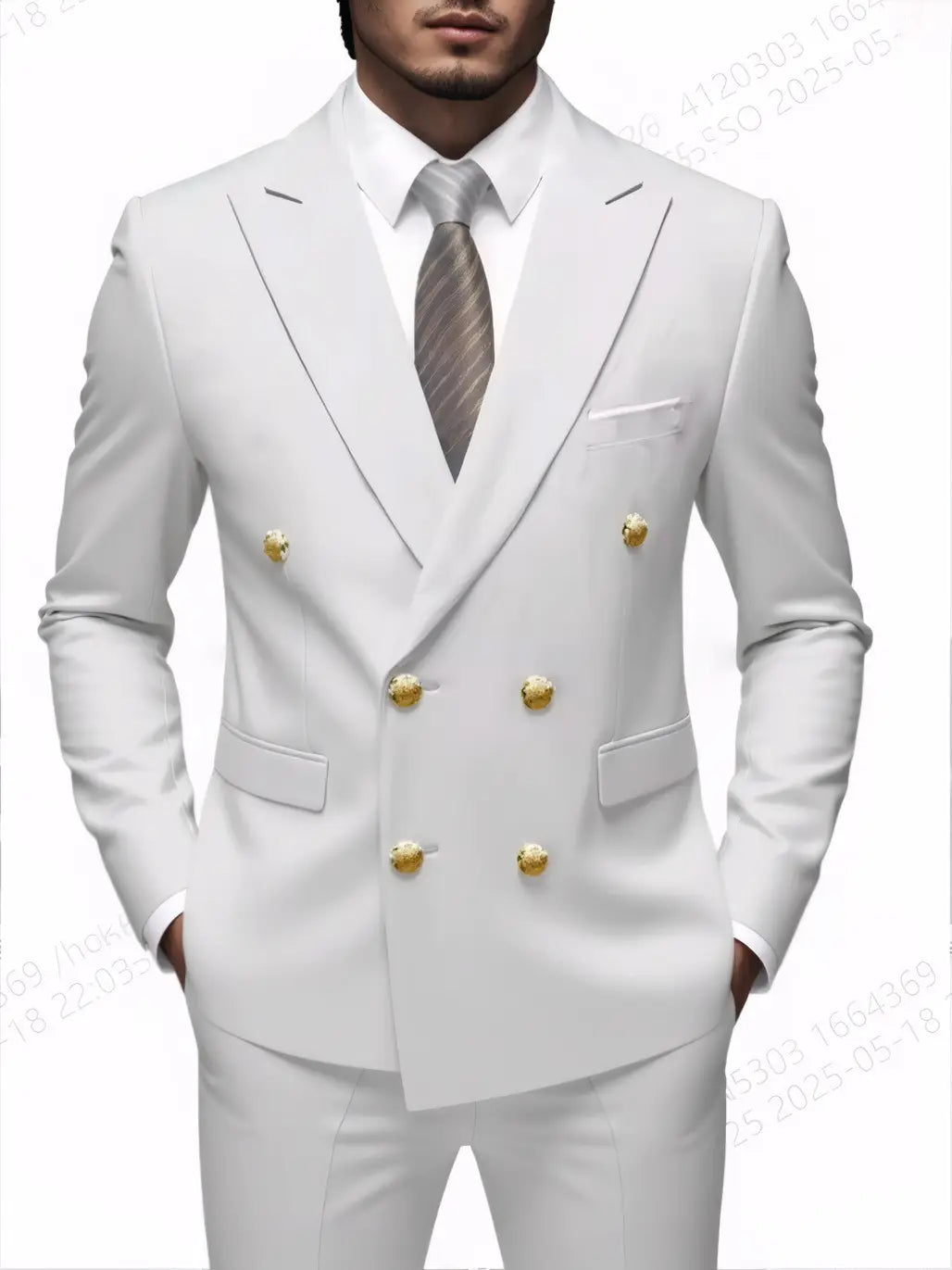 Costume homme non repassable à double boutonnage blanc, avec boutons dorés et conçu pour un usage formel.