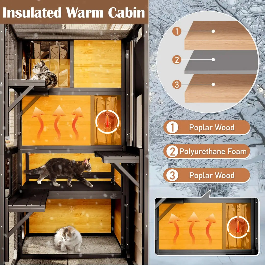Insulated warm cabin for cats featuring a multi-level wooden structure made of poplar wood and polyurethane foam layers in a large outdoor catio 4 tier wooden cat enclosure.