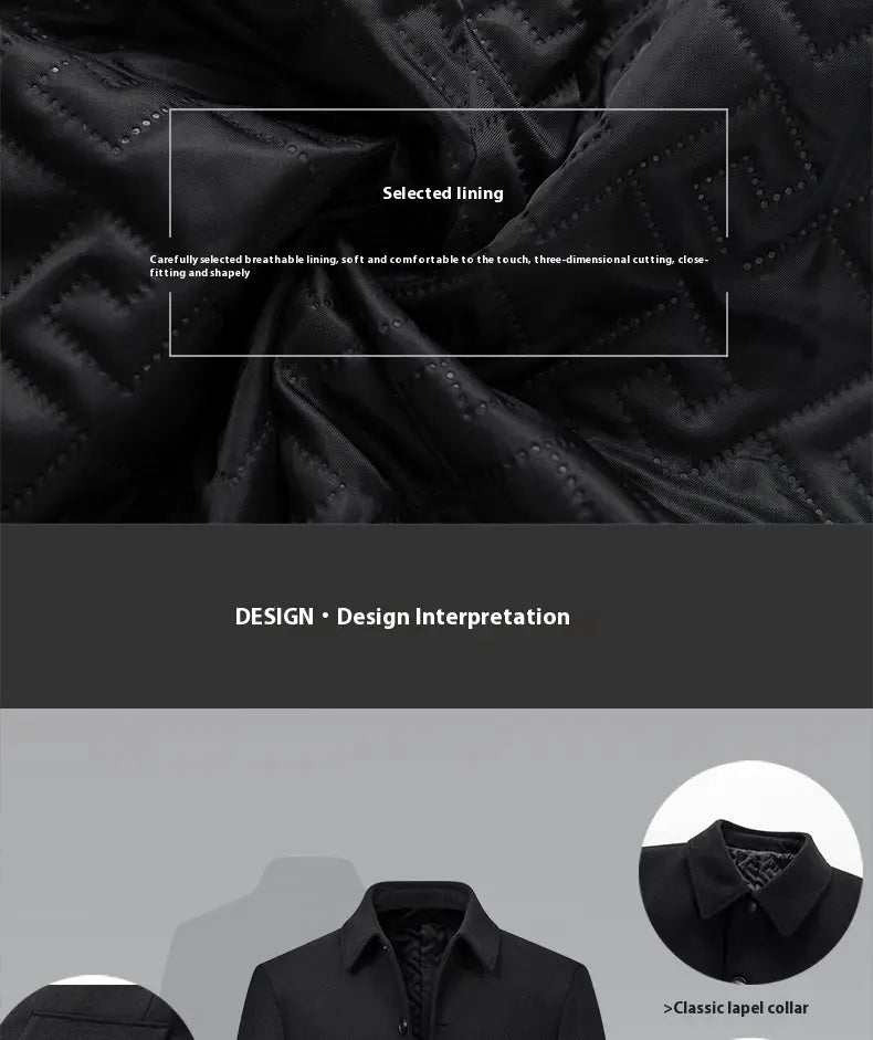 Black men woolen overcoat with quilted lining, classic lapel collar, and breathable soft inner fabric.