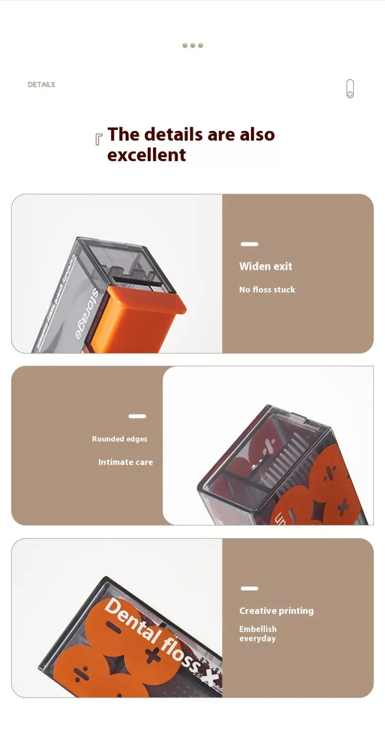 Caja portátil para hilo dental con dispensador automático de apertura emergente en plástico transparente y naranja, con un diseño moderno y elegante.