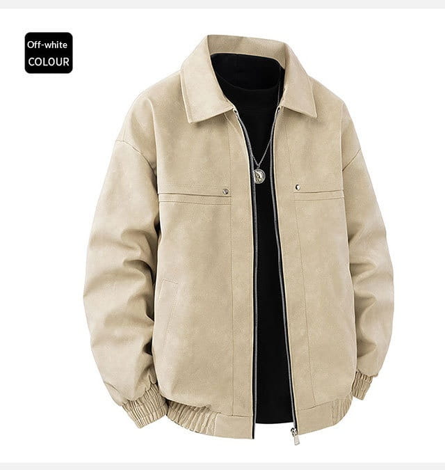 Mens vintage slim fit off-white suede bomber jacket with ribbed cuffs and hem front zipper closure and two chest pockets with buttoned flaps