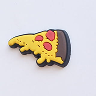 Food themed shoe charm in the shape of a yellow and red pizza slice with brown crust made of rubber for sandals and clogs.