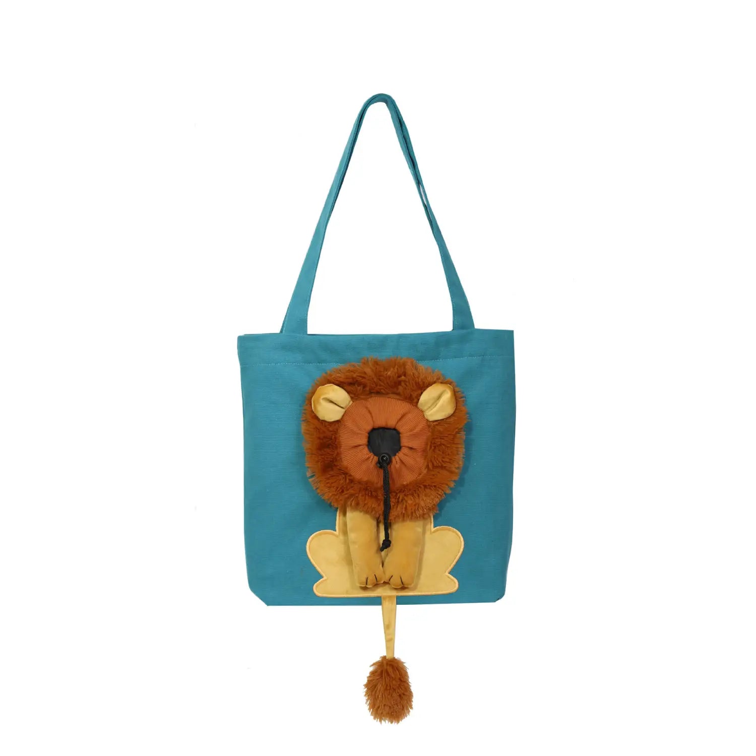 A turquoise tote bag featuring a plush brown lion with yellow ears and paws and a fluffy tail designed as a portable pet carrier bag.