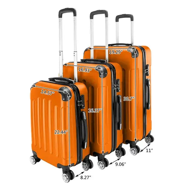 Set of three orange lightweight abs hard-shell trolley suitcases with black trim and silver wheels.