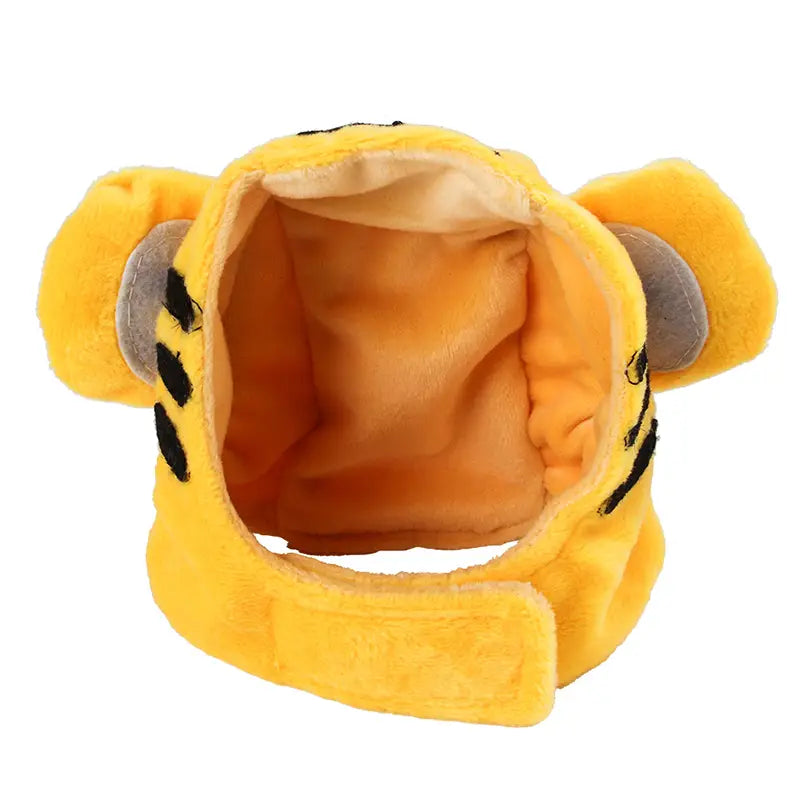 yellow plush tiger-themed headband with gray ears and black stripes designed as warm pet costume headwear for pumpkin cat hat use