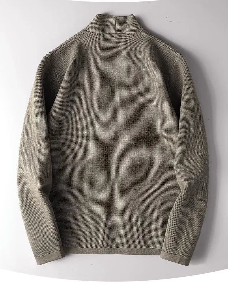 Men slim fit knit cardigan sweater in olive green featuring a sleek textured weave and high collar made from soft knit material.