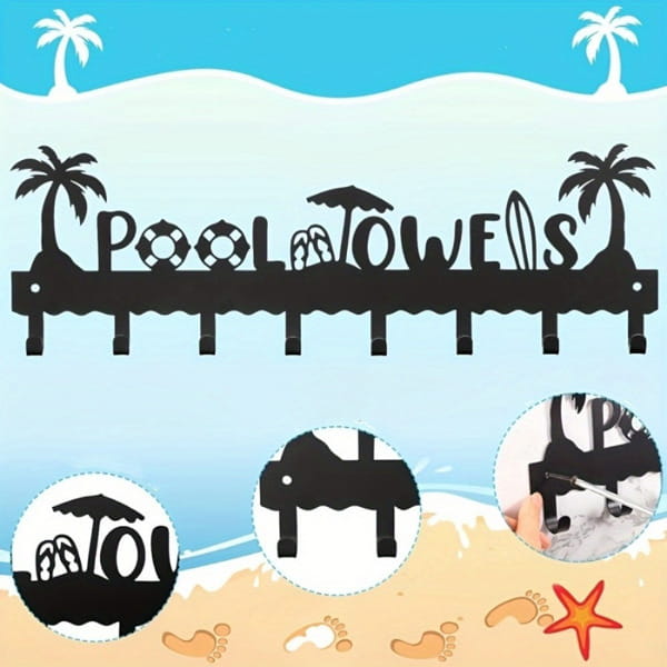 Black metal pool towel rack wall mounted with eight hooks featuring palm trees lifebuoys flip-flops and surfboard design.