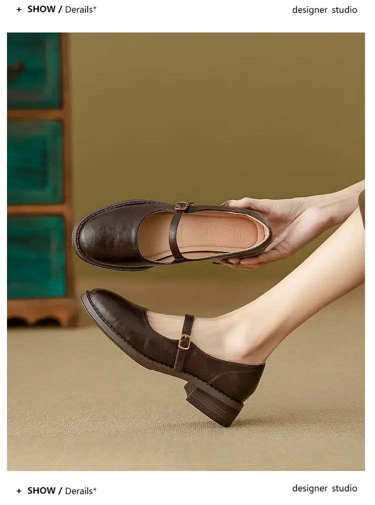 brown leather mary jane shoes with a low block heel and a single strap across the foot displayed as black leather mary jane shoes with block heel in the product title