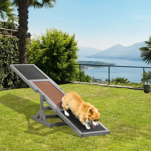 Gray metal dog ramp with brown and black textured surfaces used as dog agility seesaw training equipment.