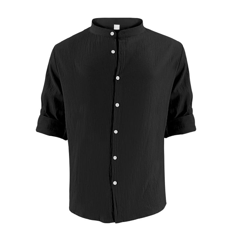 Camisa entallada para hombre en lino de mezcla color negro, con botones frontales, cuello tipo mandarina y mangas cortas con puños arremangados.