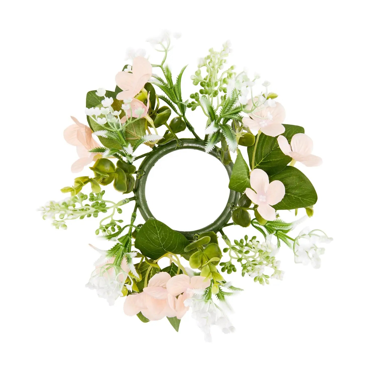 Centre de table de mariage en bois avec lanternes, bougies à DEL, ensemble de 10 pièces, présentant une délicate couronne florale circulaire composée de fleurs artificielles rose tendre et blanches, entrelacées avec un feuillage vert luxuriant.
