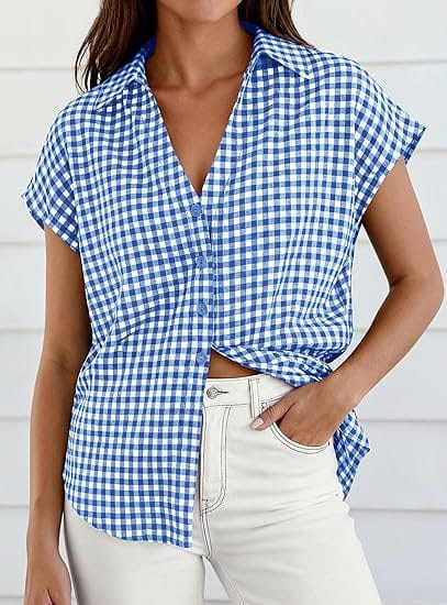 Blue and white gingham plaid button up blouse with front knot featuring short sleeves and a v-neckline.