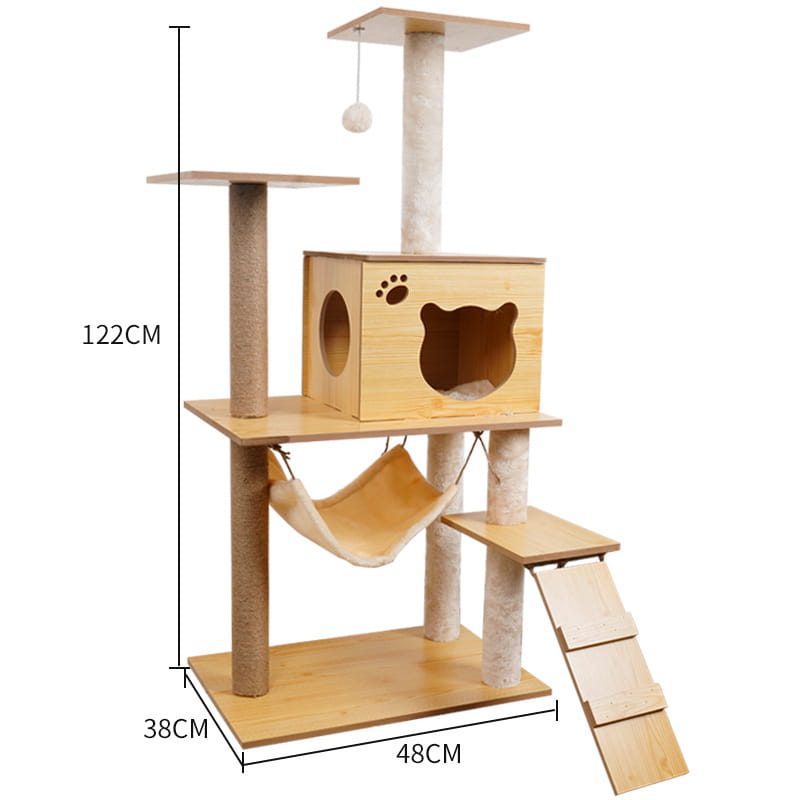 Light wood wooden cat tree with a scratching post platform and hanging hammock designed as a scratching post and condo.