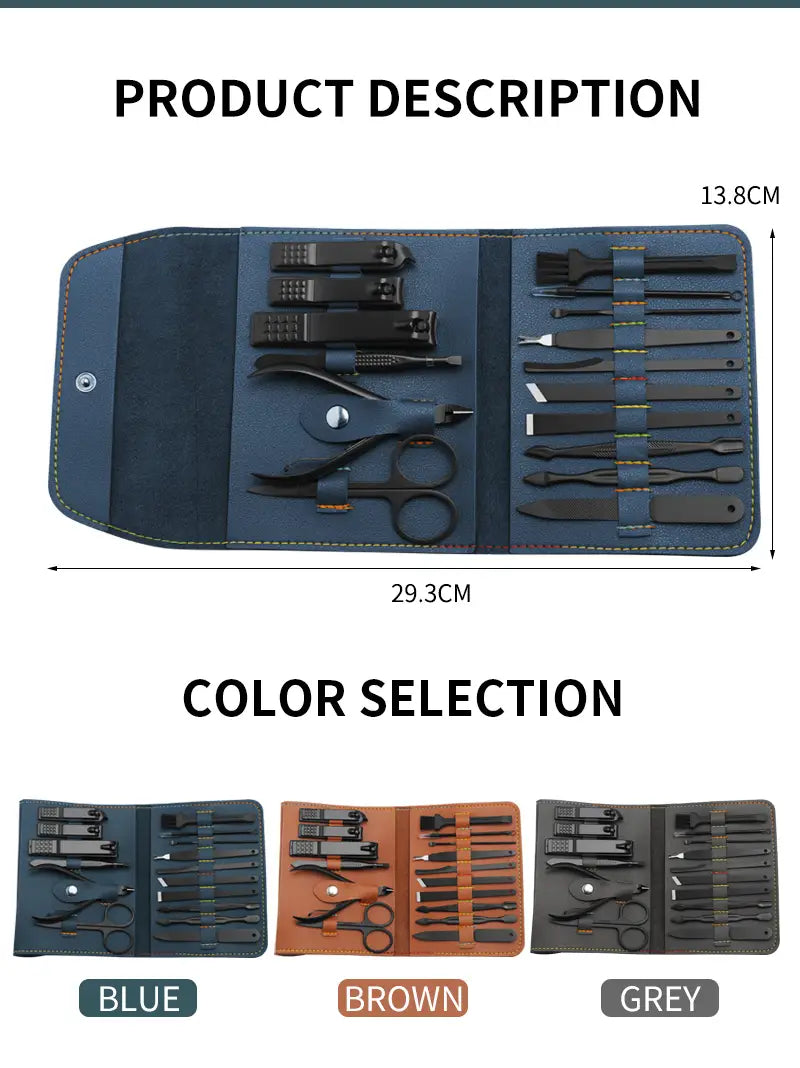 black metal 16 piece professional manicure and pedicure kit neatly organized in a dark blue leather roll designed for nail care.