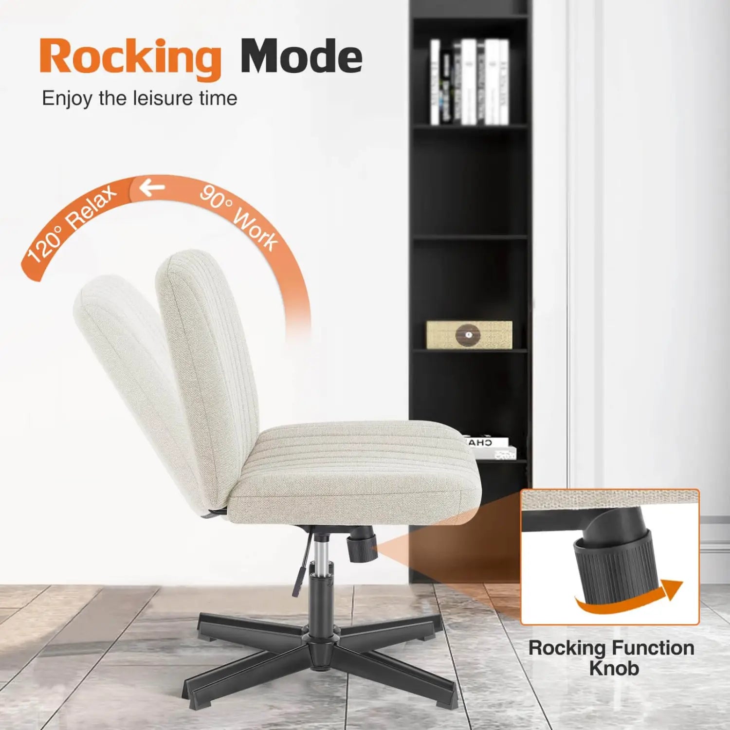 Chaise de bureau rembourrée beige, à assise croisée, avec design de chaise pivotante large sans accoudoirs et base en métal noir, dotée d’une molette de fonction d’oscillation.
