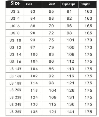 Us 14w women’s size chart for floral lace stand collar long sleeve wedding gown showing bust waist hips and height measurements.