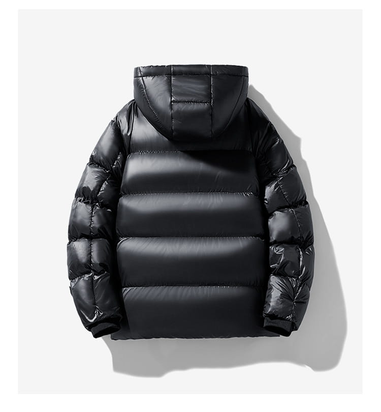 Black men’s hooded corduroy puffer jacket plus size with glossy finish and horizontal quilted panels.