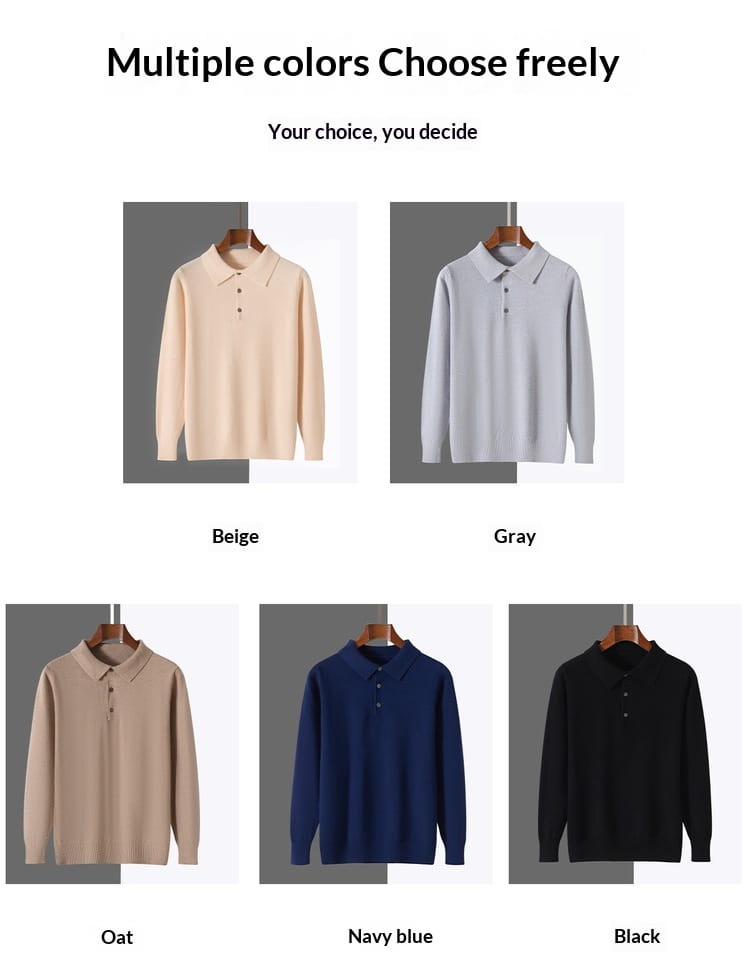 Beige gray oat navy blue and black knit polo sweater long sleeve pullover available in multiple colors for versatile casual wear.