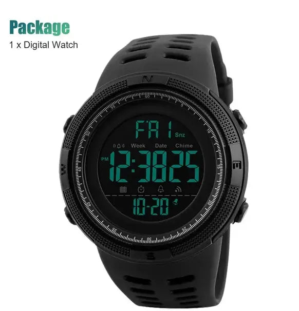 Skmei men’s military sport waterproof digital chronograph watch featuring a black digital display with a rugged matte-finish case and perforated silicone strap.