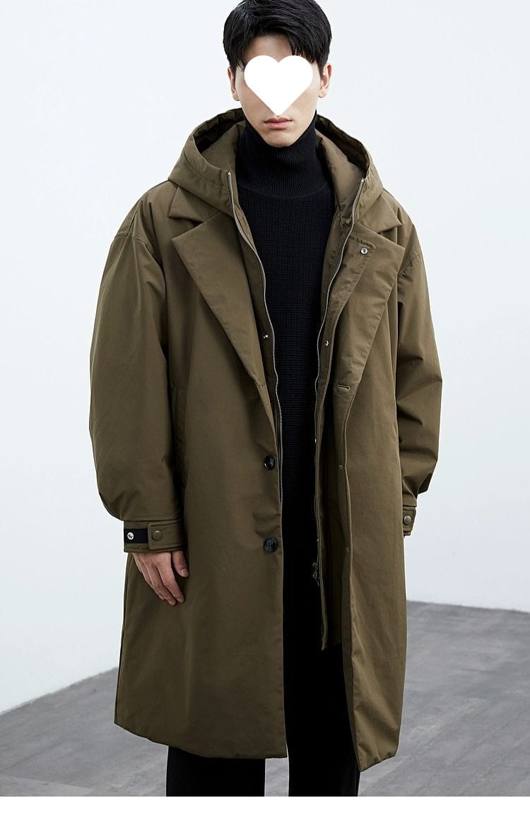 Men hooded trench coat in olive green featuring button closures and adjustable cuffs designed as a false two piece winter jacket
