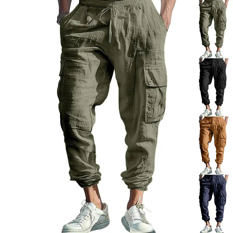 Men linen cargo pants in olive green featuring multiple pockets and a drawstring waistband with cuffed ankle design.