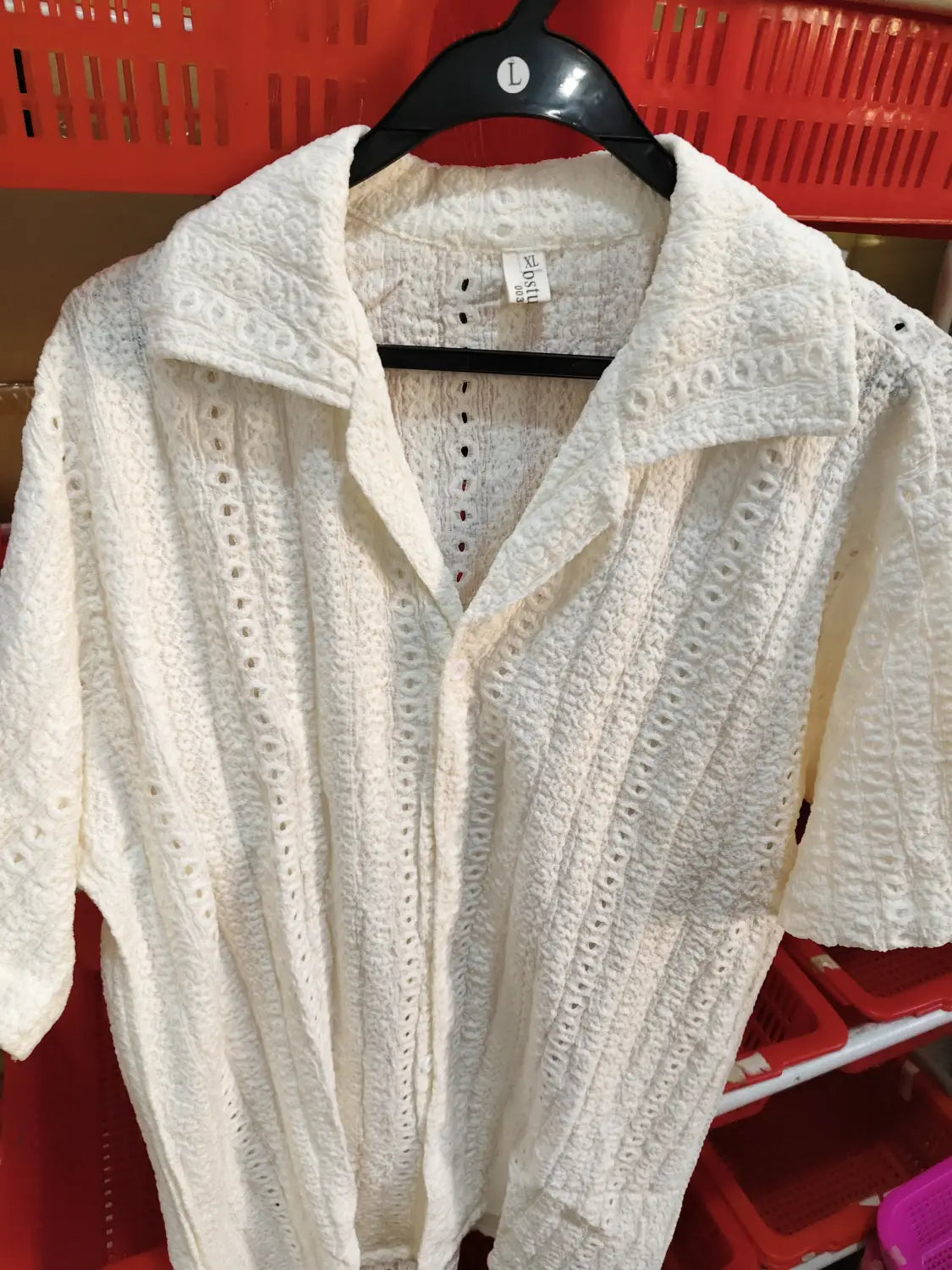 men cuban collar short sleeve shirt in off-white delicate lace fabric with intricate eyelet patterns and a classic collar