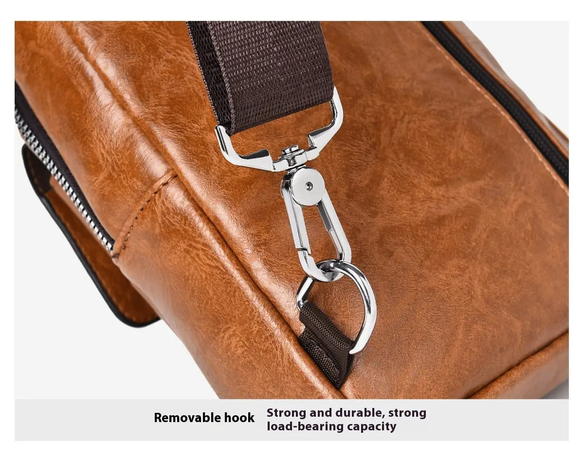 Men’s retro waterproof faux leather crossbody chest bag featuring brown leather with a black strap and silver metal hardware.