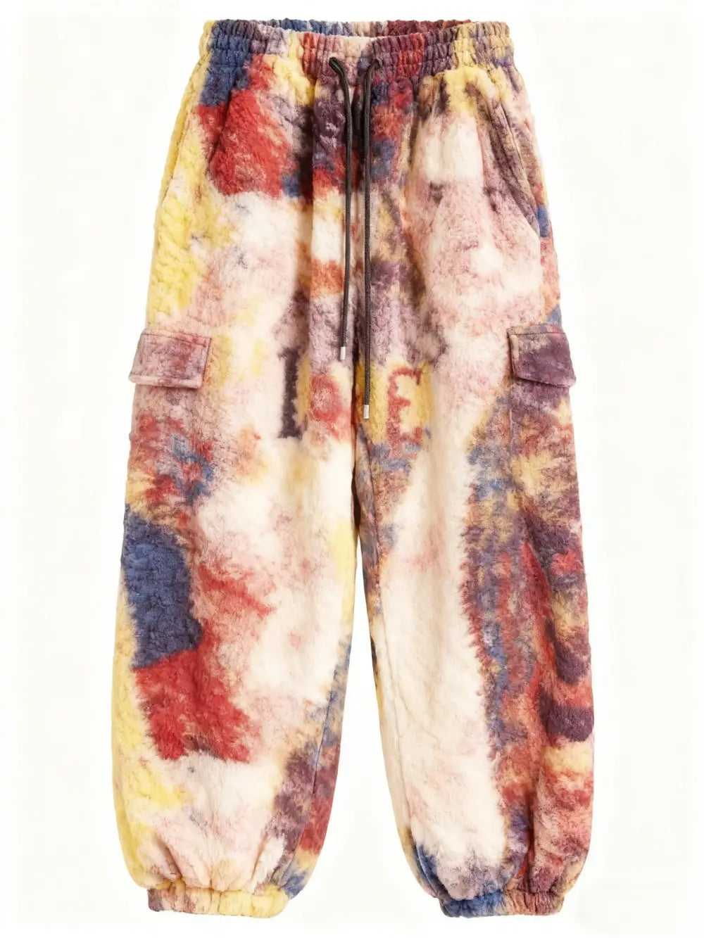 gestickte Kranich-Straight-Leg-Freizeithose aus mehrfarbigem Batik-Fleece mit weich strukturierter Oberfläche und elastischem Bund