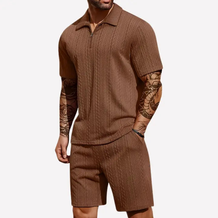 brown knit polo shirt with short sleeves and half-zip collar made from textured knit fabric as part of a polo shirt and shorts set