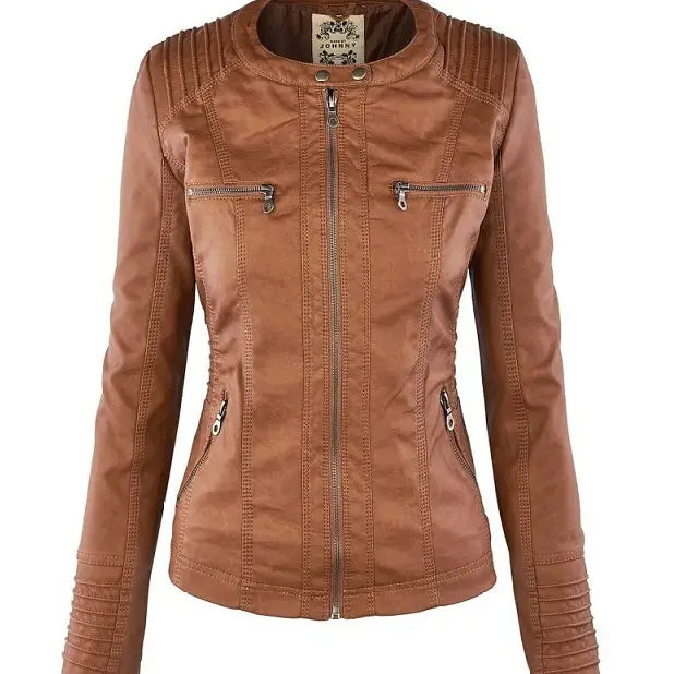 Tan faux leather moto jacket with detachable hood featuring ribbed detailing on shoulders and cuffs.