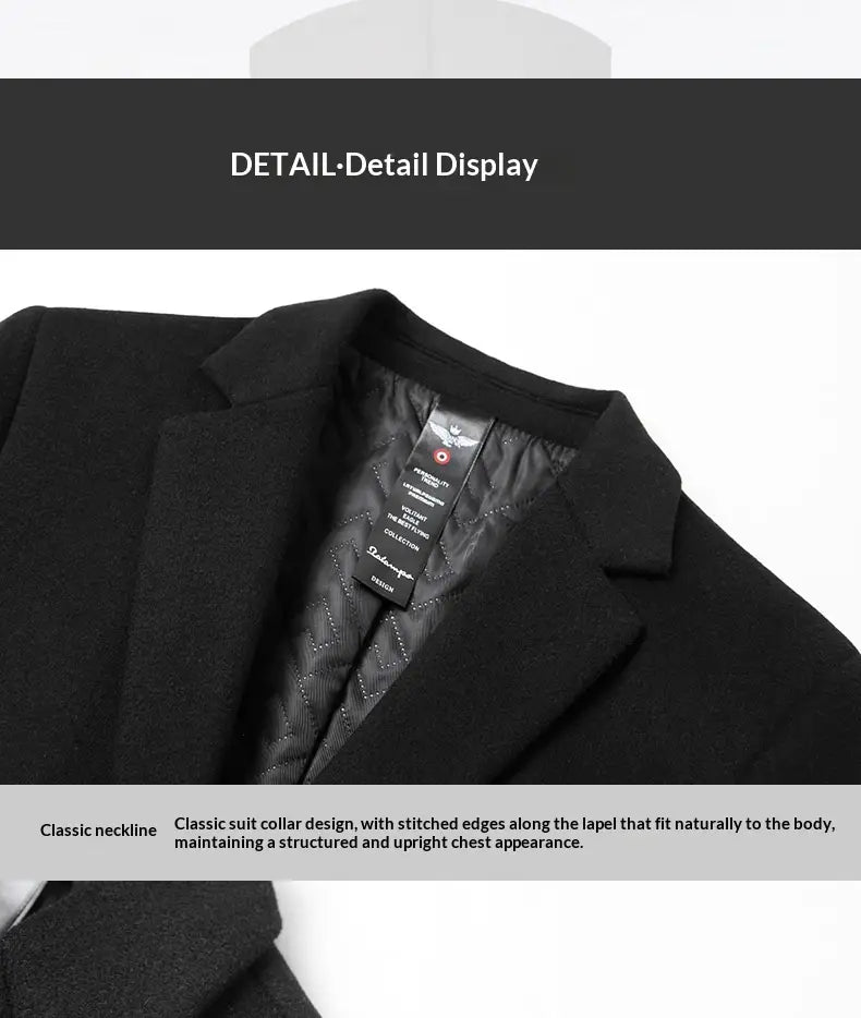 Mens wool overcoat warm winter jacket in black wool with a classic collar and quilted inner lining.