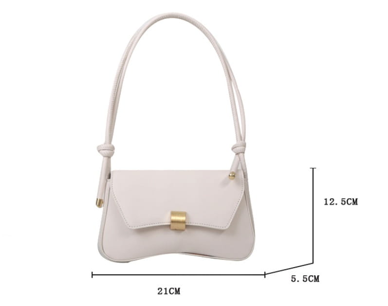 A sleek white minimalist faux leather structured shoulder bag with a gold-tone rectangular clasp and a matching knotted shoulder strap.